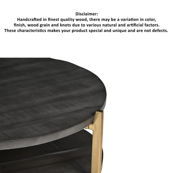 Tali 37 Inch Handcrafted Round Coffee Table, 2 Tier, Charcoal Gray Acacia Wood, Sleek Gold Metal Legs By The Urban Portacia Wood, Sleek Gold For Cheap - Image 5