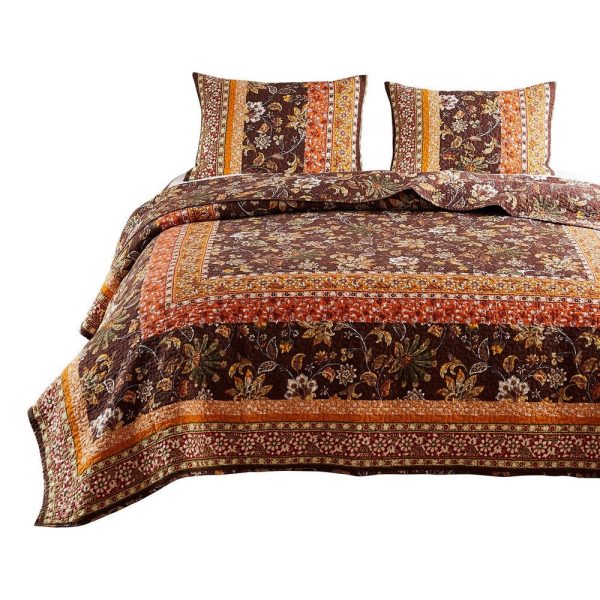 Dill 2 Piece Twin Quilt Set, Bohemian, Jacobean Floral Print, Brown, Orange By Casagear Home Fashion - Image 3