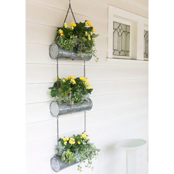 36 Inch 3 Tier Hanging Planter, Galvanized Metal With Chrome Chain, Silver Finish by The Urban Port Online Sale - Image 2