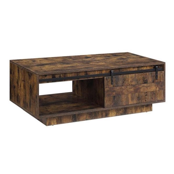 Rick 47 Inch Rustic Oak Coffee Table, Sliding Barn Door, Single Drawer By Casagear Home For Cheap - Image 4