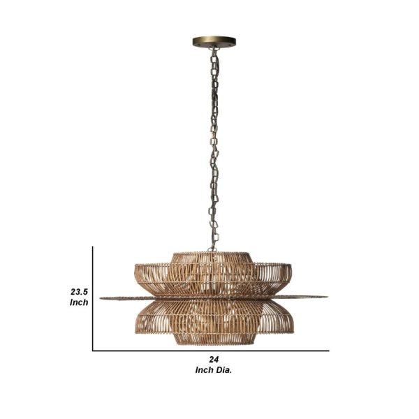 24 Inch Rattan Pendant Chandelier, Natural Brown, Brass By Casagear Home For Sale - Image 5