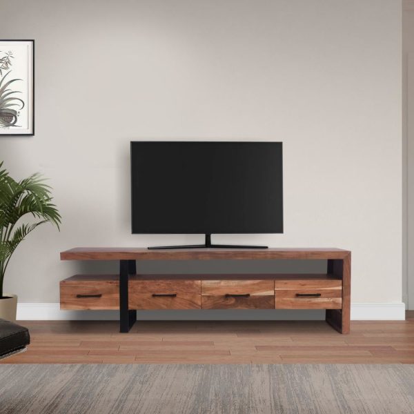 Fiona 70 Inch Farmhouse TV Media Entertainment Console, 4 Drawers, Acacia Wood, Metal Frame, Natural Brown, Black By The Urban Port For Cheap - Image 2