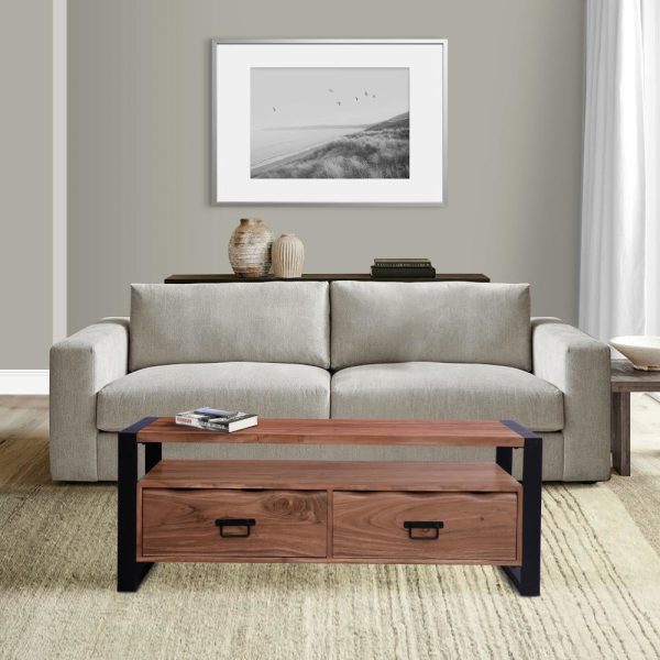 47 Inch Handcrafted Coffee Table with Live Edge Detailing, 2 Drawers, Open Center Compartment, Black Iron Frame, Brown Acacia Wood By The Urban Port For Cheap - Image 2