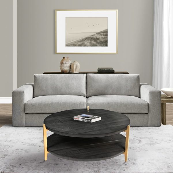 Tali 37 Inch Handcrafted Round Coffee Table, 2 Tier, Charcoal Gray Acacia Wood, Sleek Gold Metal Legs By The Urban Portacia Wood, Sleek Gold For Cheap