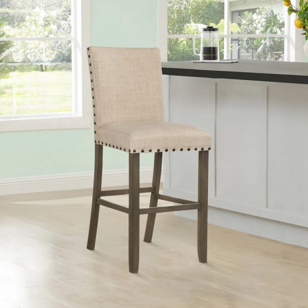 Lok 30 Inch Wood Barstool, Set of 2, Nailhead Trim, Padded Seating, Beige By Casagear Home Hot on Sale