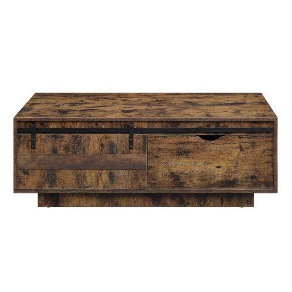 Rick 47 Inch Rustic Oak Coffee Table, Sliding Barn Door, Single Drawer By Casagear Home For Cheap - Image 2