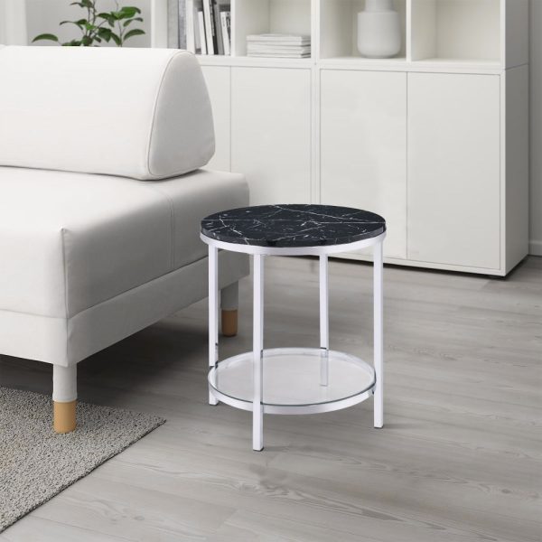 End Table with Round Faux Marble Top and Glass Shelf, Black By Casagear Home Cheap