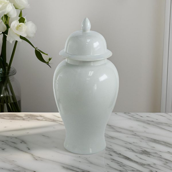Deva 20 Inch Medium Porcelain Ginger Jar, Classic White Glossy Finish By Casagear Home For Sale