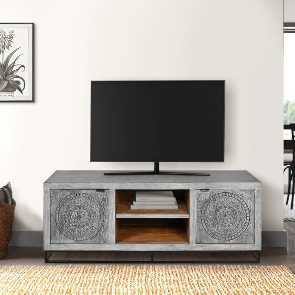 63 Inch Handcrafted TV Media Entertainment Console, 2 Medallion Engraved Doors, Sandblasted Gray Mango Wood, Black Iron Stand By The Urban Port Discount - Image 2