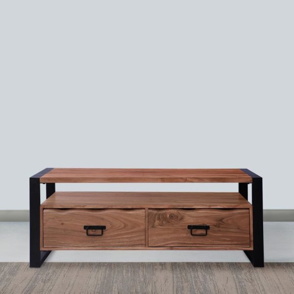 47 Inch Handcrafted Coffee Table with Live Edge Detailing, 2 Drawers, Open Center Compartment, Black Iron Frame, Brown Acacia Wood By The Urban Port For Cheap - Image 3
