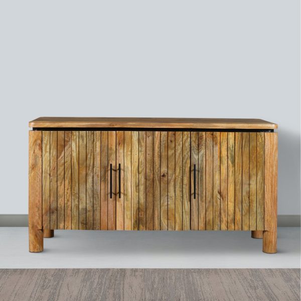 54 Inch Sideboard Console with 3 Grooved Cabinet Doors, Iron Handles, Natural Brown Mango Wood By The Urban Port Hot on Sale - Image 3